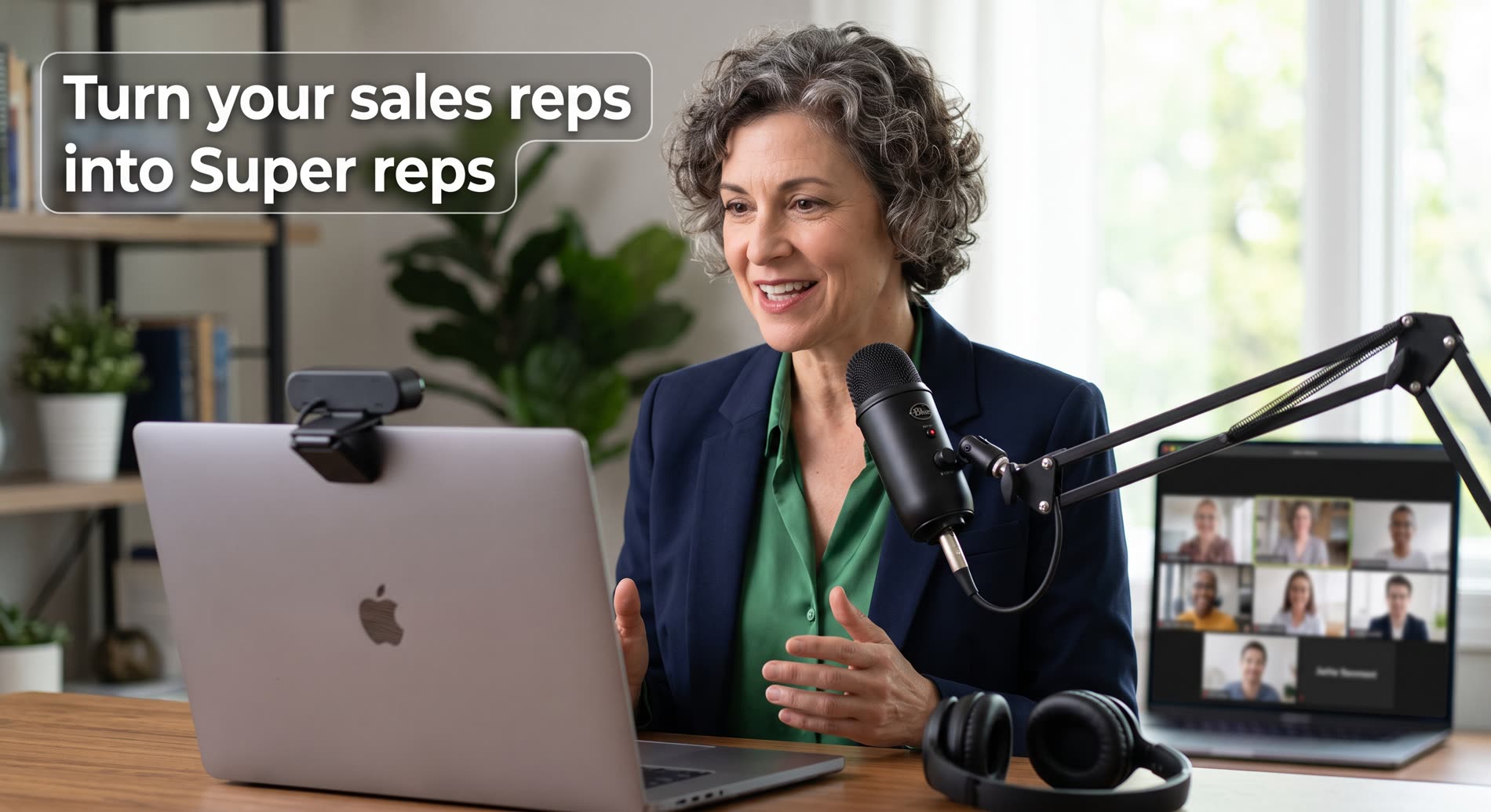 A coach running a video training session with a room of sales reps on screen