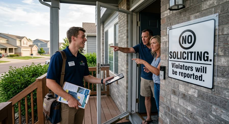 A rep at a front door beside a no soliciting sign